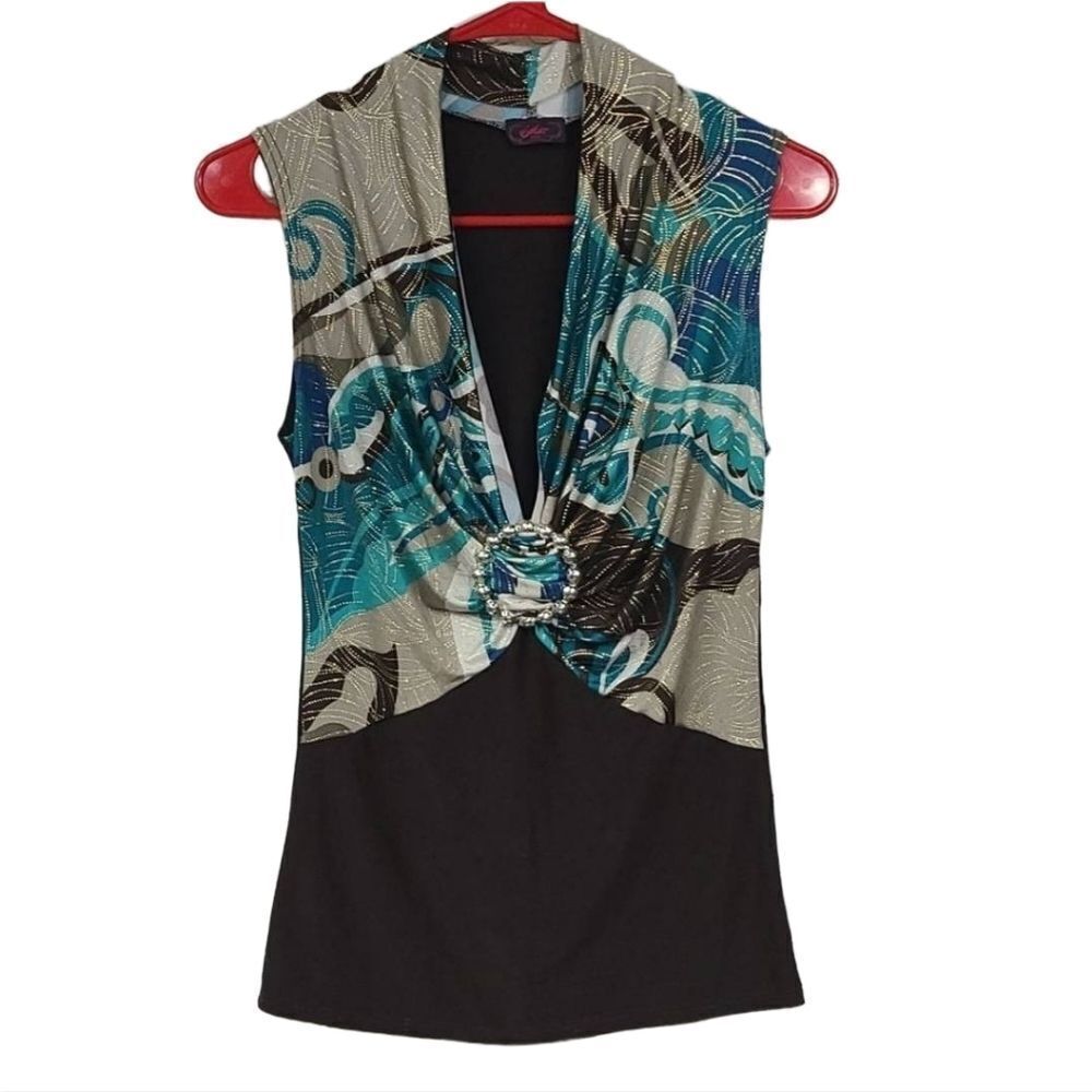 Women's Sleeveless Top XS Brown & Teal Cinched V-Neck Babydoll Blouse Work Shirt